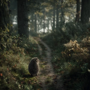 realistic hedgehog Henry standing at a fork in a forest path, He...