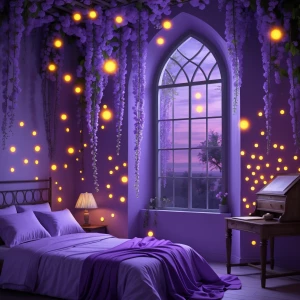 Create an image of a guest bedroom named "Wisteria Nightfall," d...