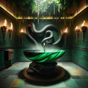 Bathroom 1 – Serpent Basin Room
“Curved emerald serpent-shaped b...