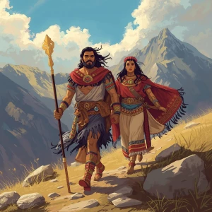 Illustrate an Incan couple, Manco Cápac and Mama Ocllo, in Peruv...