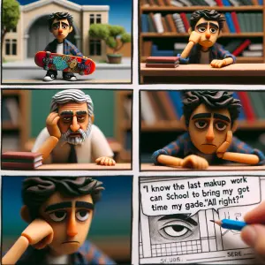 A young skater-type kid is sitting in a classroom. He mouths the...