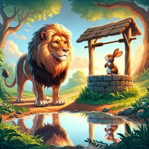 A jungle scene from a children story, a proud lion near a well s...
