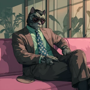 A humanoid cat character with slicked-back dark hair, wearing a...