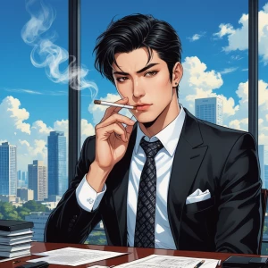 Illustrate a handsome Japanese man in his late twenties with per...