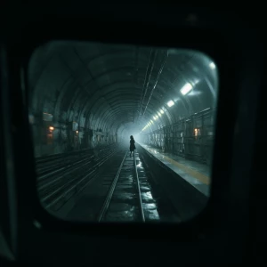 Inside a dark, dimly lit train tunnel, the perspective is from a...