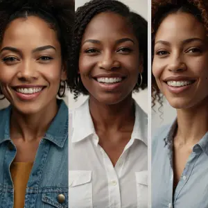 Generate five unique portraits of distinct individuals: a joyful...