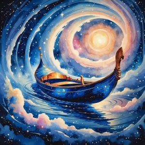 In the depths of a dreamy universe, a celestial gondola drifts t...