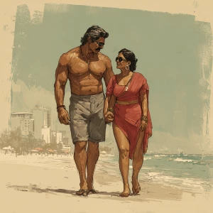 Realism,a muscular sweaty indian  villain man, walking  with his...