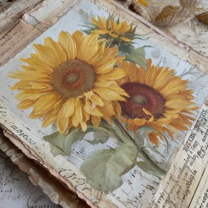 Sunflower junk journal page, beautiful full blooming sunflowers,...