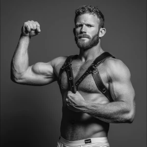 The image depicts a very hairy muscular, ginger bearded man posi...