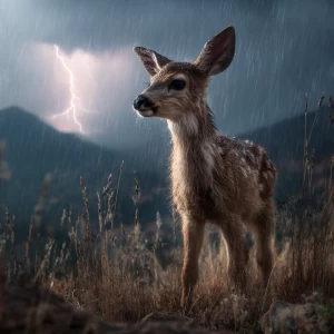 Baby fawn standing strong in storm rain, lightning illuminating...