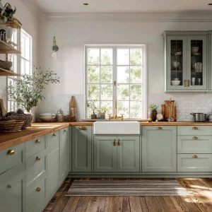 Generate a realistic image of a farmhouse kitchen showcasing sag...