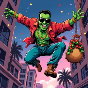 GTA Vice City loading screen action card: cel-shaded green-skinn...