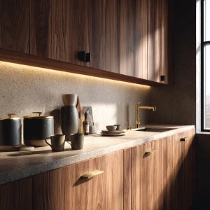 Create a lifelike interior scene featuring walnut wood kitchen c...