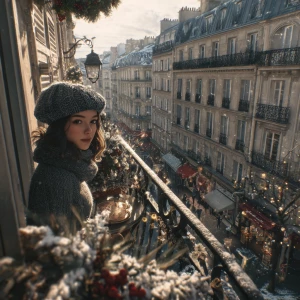 A Parisian balcony on a serene Christmas morning, overlooking th...