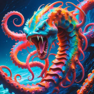 A wildly imaginative kraken, tentacles twisting and curling in a...