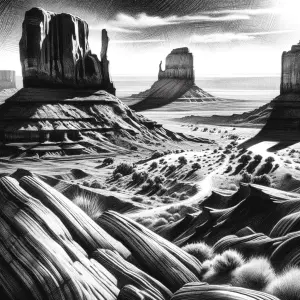 A detailed black and white pencil sketch capturing a Monument Va...