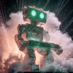 Robot DJ with humanoid features, illuminated DJ booth, lasers an...