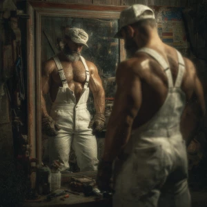 Generate an image of a muscular and hairyhandyman without a shir...