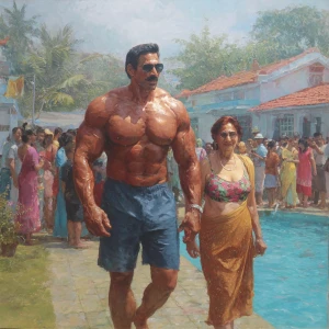 Hyperrealism, oil painting,a muscular beefy kerela man walking ,...