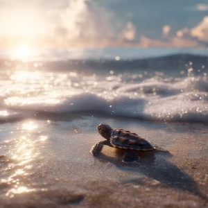 A happy Small Baby turtle heading into the surf and sun rays on...