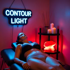 Generate an image of a middle-aged woman lying on a black massag...