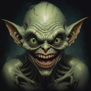 A ghastly goblin, with grotesque features and eerie charm, gazes...