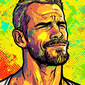 White muscular thin man with beard, big chin, smile and cheekbon...