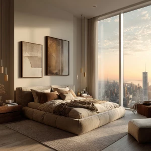 Ultra-realistic photo of a luxury master bedroom in a modern apa...