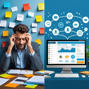 A split-screen concept: on the left, a stressed business owner s...