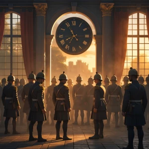 Countdown to war – “Clock showing 9:00 AM, dramatic sunlight thr...
