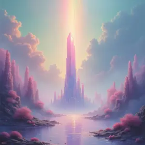 An effervescent ethereal world, bathed in soft pastel hues of pi...