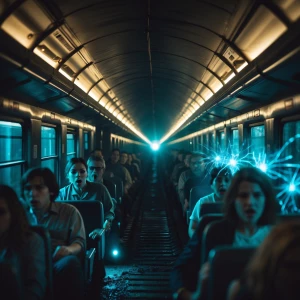 dark tunnel swallowing moving train, interior lights flickering,...