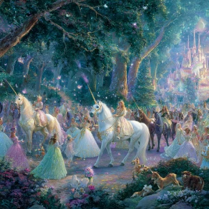 In the heart of an enchanted forest, shimmering fairies and maje...