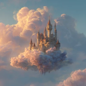 Floating castle above the clouds, soft magic tones