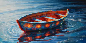 An intricately designed dimensional dinghy floats in vivid color...