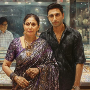 Hyperrealism,oil painting.a  mature gujarati mother in law in he...