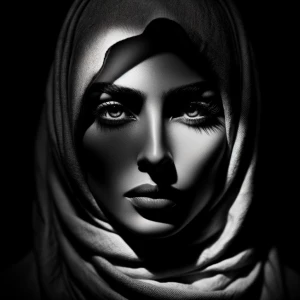 Create an intense close-up portrait of a woman surrounded by dee...