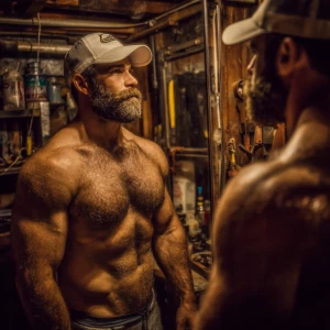 Generate an image of a muscular handsome well groomed and hairy...