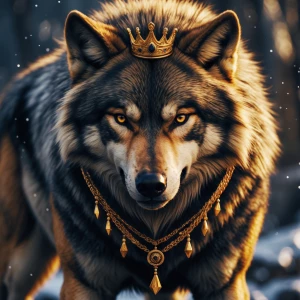 Image of a alpha king wolf whoes golden and black big and bulky