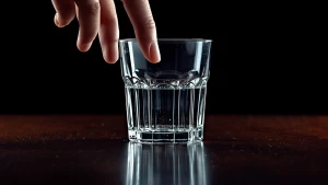 A transparent crystal glass placed on a dark polished wooden tab...