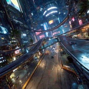 Wide shot streetlevel perspective tilt up, Visualize a dystopian...