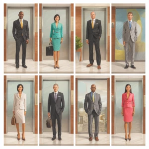 Capture a scene where 10 diverse employees are standing confiden...