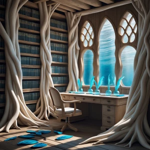 Driftwood-Wrapped Office: rustic enchanted study where tall book...