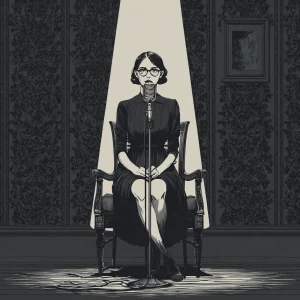 An beautiful womanis seated before a microphone