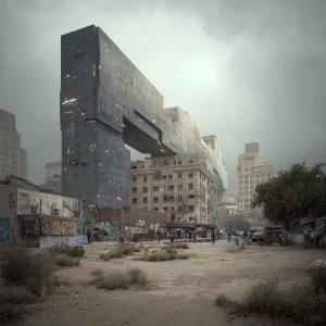 A futuristic Urban vacant lot in the middle of Los Angeles 2049