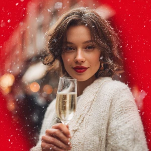 A woman standing on a vibrant red square, holding a sparkling gl...