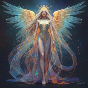 An otherworldly celestial ambassador, shimmering with a kaleidos...