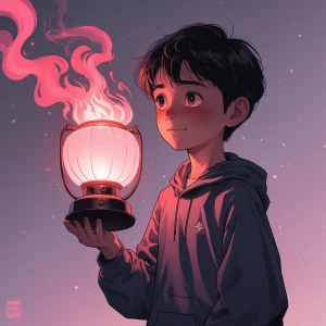 a boy holding alantern’s flame turned rose-pink