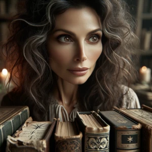 A middle aged woman with long dark brown curly hair looking over...